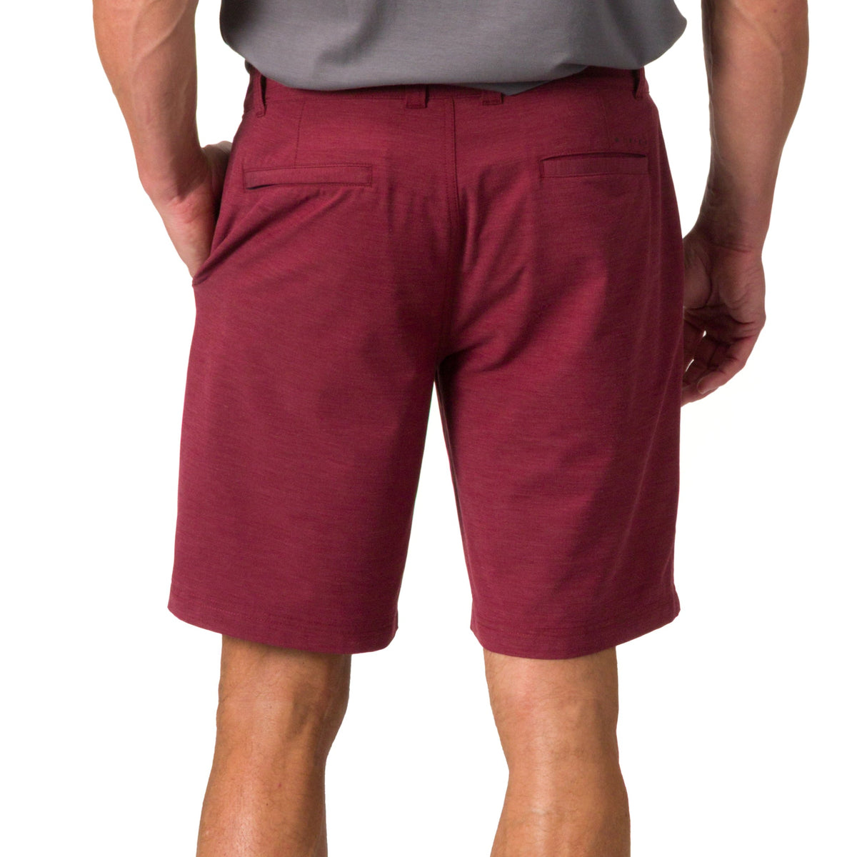 Back view of men wearing burgundy Destro Hybrid Short, featuring comfortable, durable beach-inspired apparel.