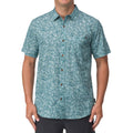 Front view of Hartman Woven Shirt in green with fan print, designed for men’s beach and everyday comfort apparel.