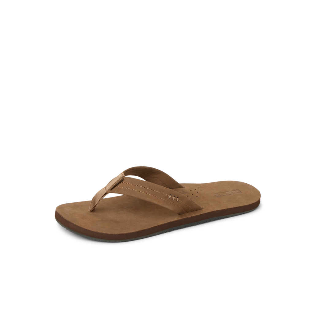 Reef Draftsmen brown men’s sandal facing right, close-up of cushioned footbed and arch support straps