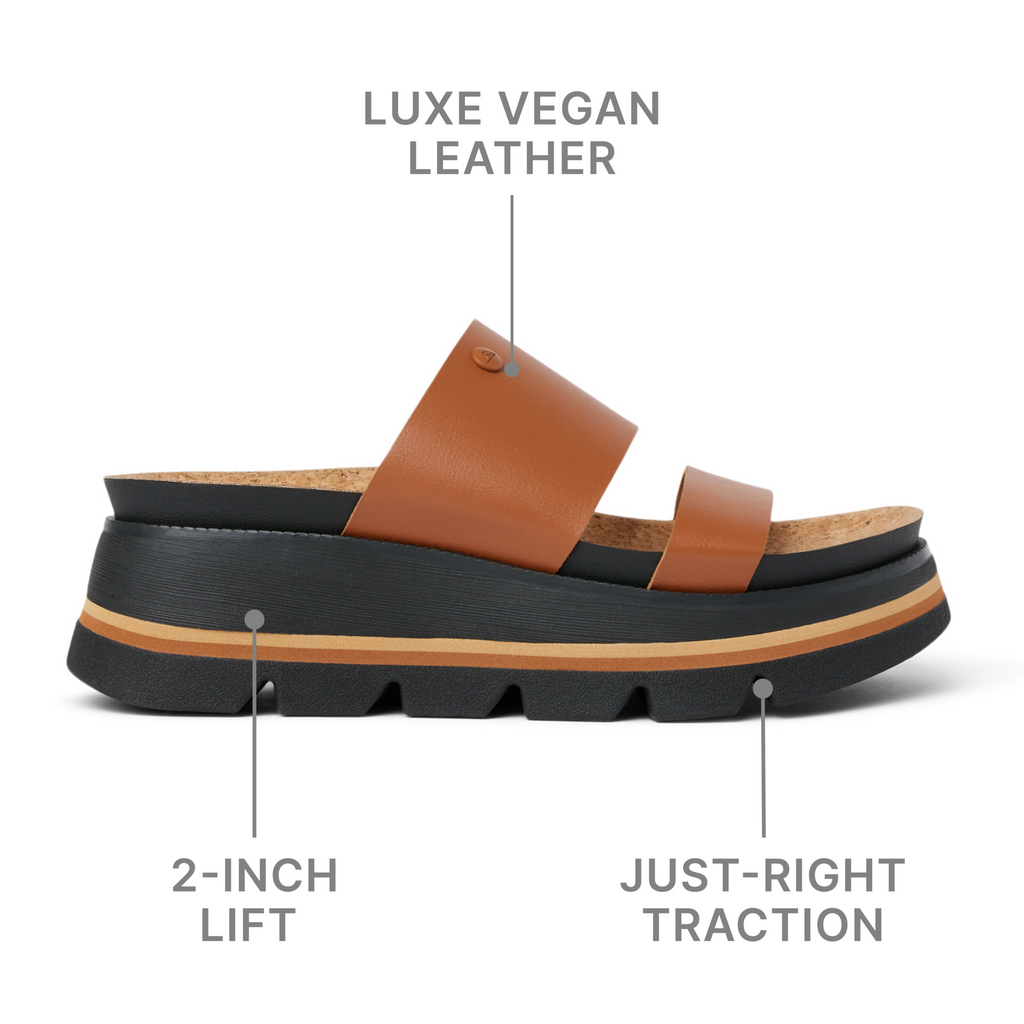 Vista Luxe Siaa women's sandal facing left, showing midsole with 2-inch lift and luxe vegan leather straps.