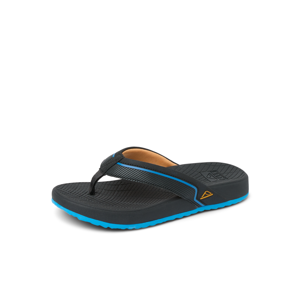 Kids Windswell right-facing black and blue flip flop with anatomical arch support and soft-rebound cushioning close-up