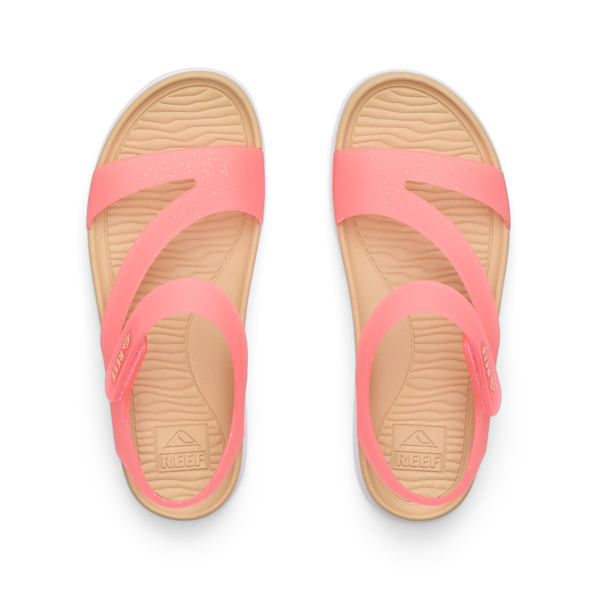 Top view of pink Kids Cali Coastin sandals for girls with comfort footbed and anatomical arch support