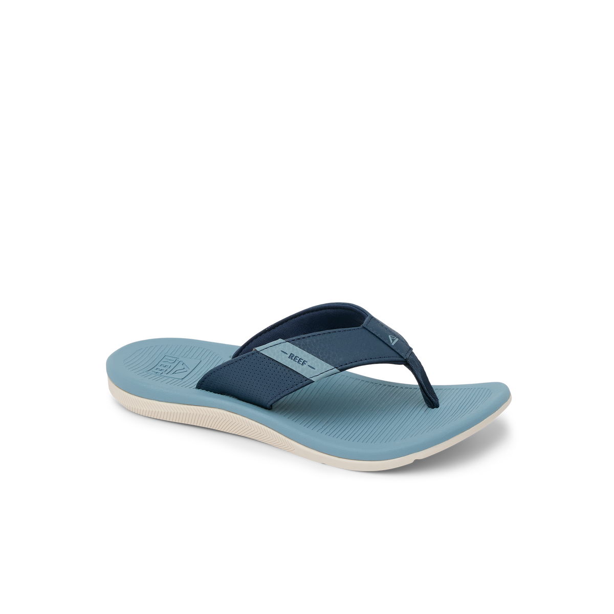 Kids Santa Ana flip flop sandal facing left, showing blue faded color and soft-rebound cushioned footbed.