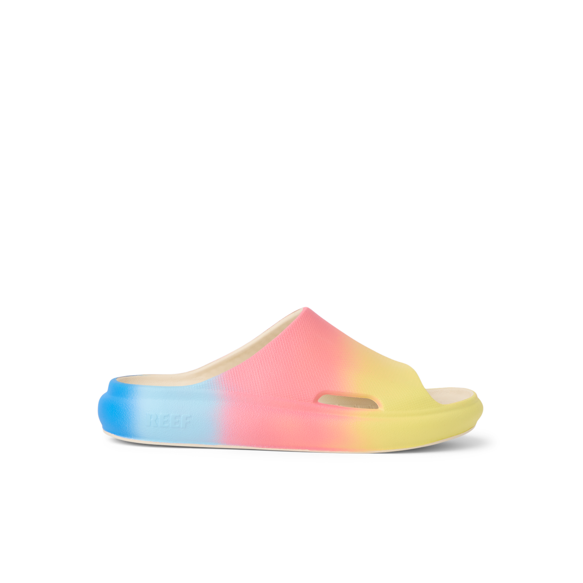 Kids Rio Slide facing left, close-up of water-friendly, multi-color cushioned footbed with arch support.