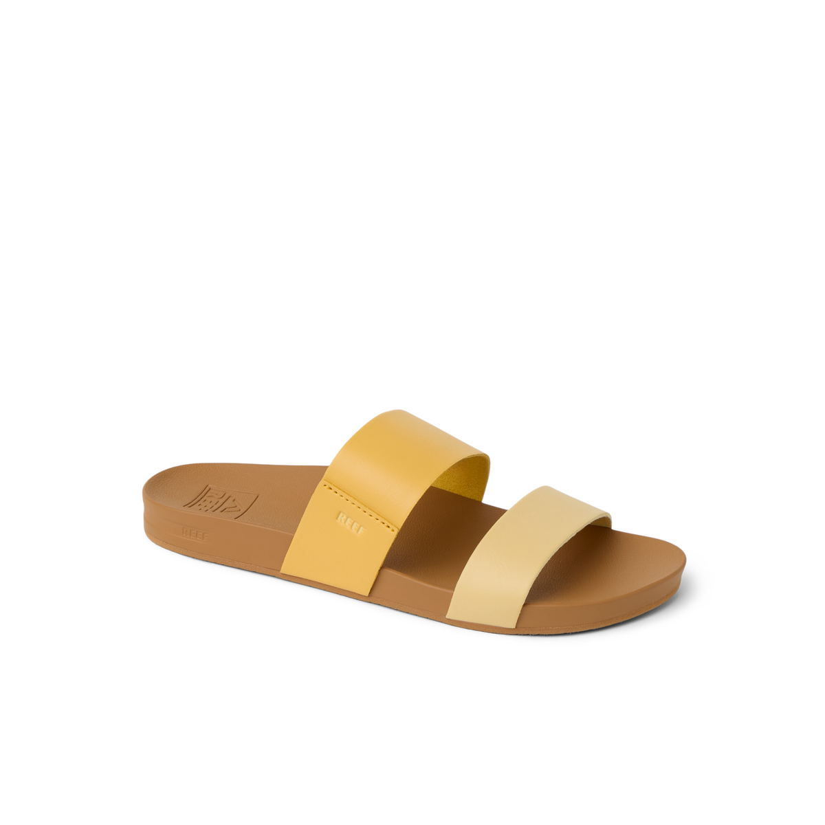 Cushion Vista women's slide sandal facing right with golden apricot dual straps, soft cushioning, and arch support for beach comfort.