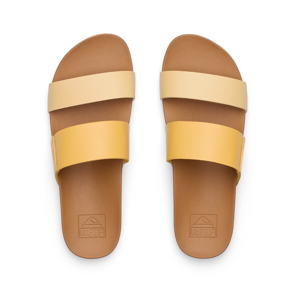 Top view of women's Cushion Vista slide sandals in golden apricot tones with soft-rebound cushioning and arch support