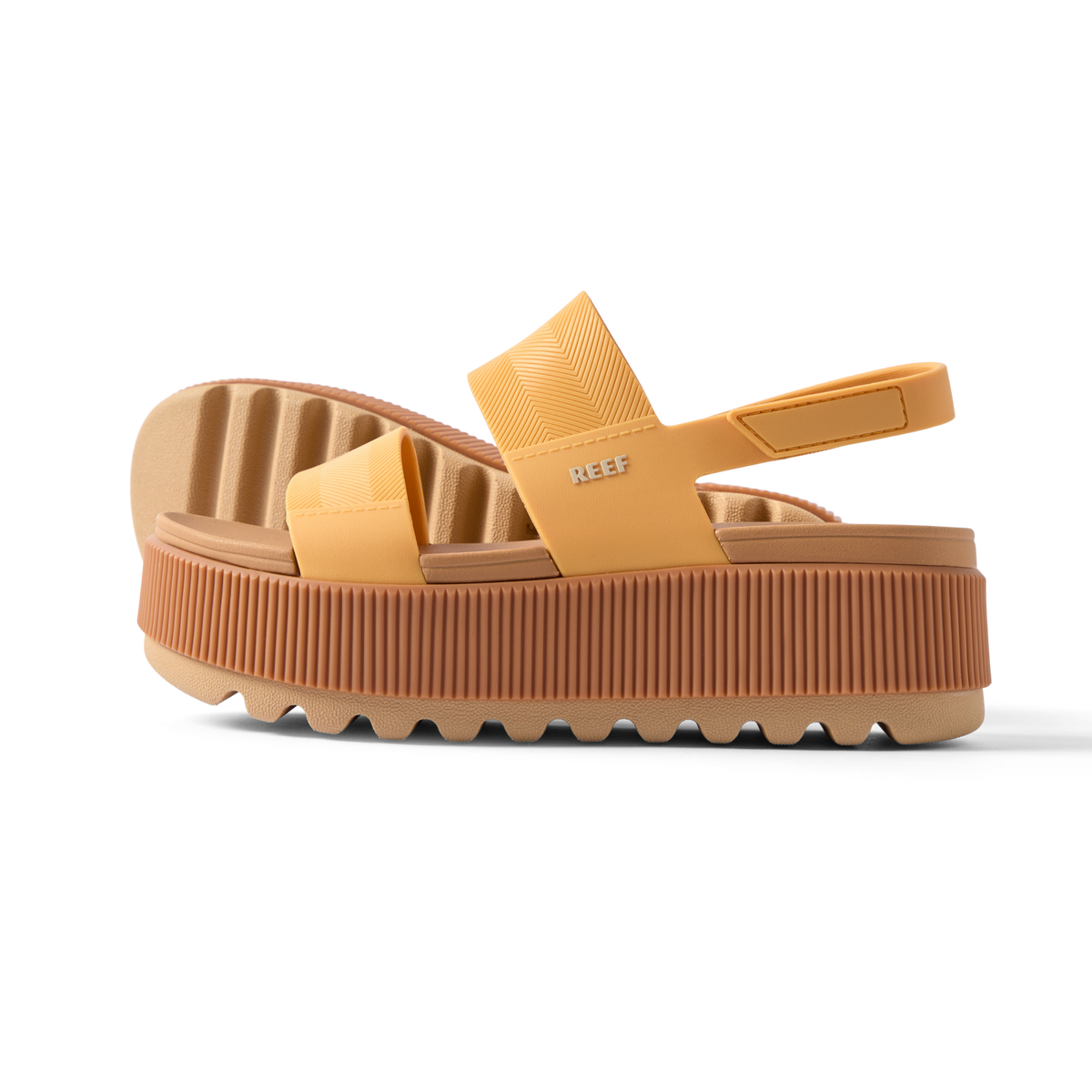 Water Vista Higher women's yellow platform sandals facing right, showing side and sole with arch support and cushioning.