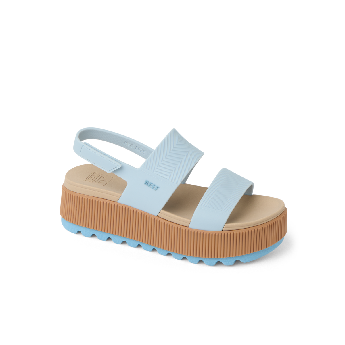 Water Vista Higher sandal facing right, close-up of soft blue straps and ankle support with cushioned arch support platform.