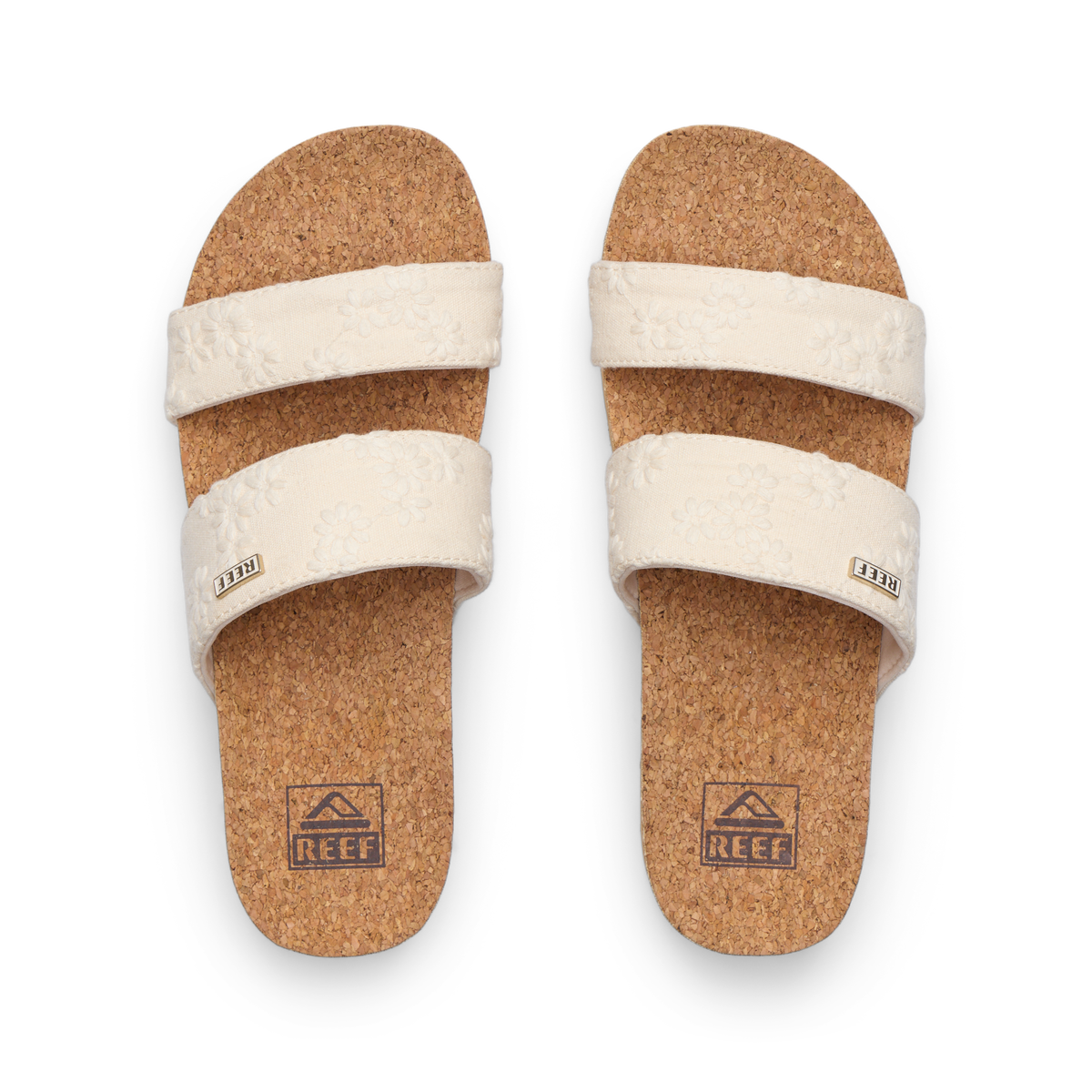 Cushion Vista Hi women's sandals facing upward with cork footbeds, padded straps, anatomical arch support, beach-inspired comfort.