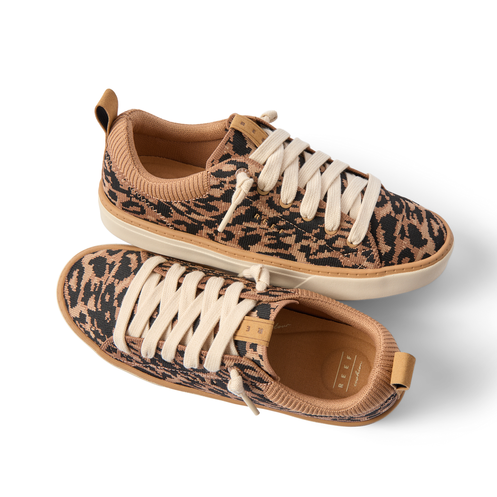 Top and side views of Lay Day Lite women's leopard print sneaker with anatomical support and soft cushioning.