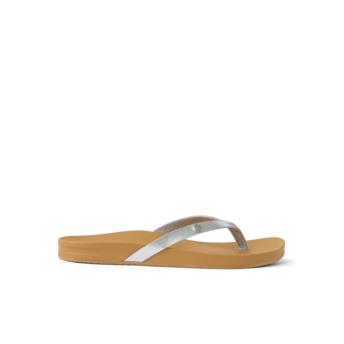 Vista Ivy women's silver metallic flip flop facing right, showing side profile with cushioned arch support and water-friendly sole.