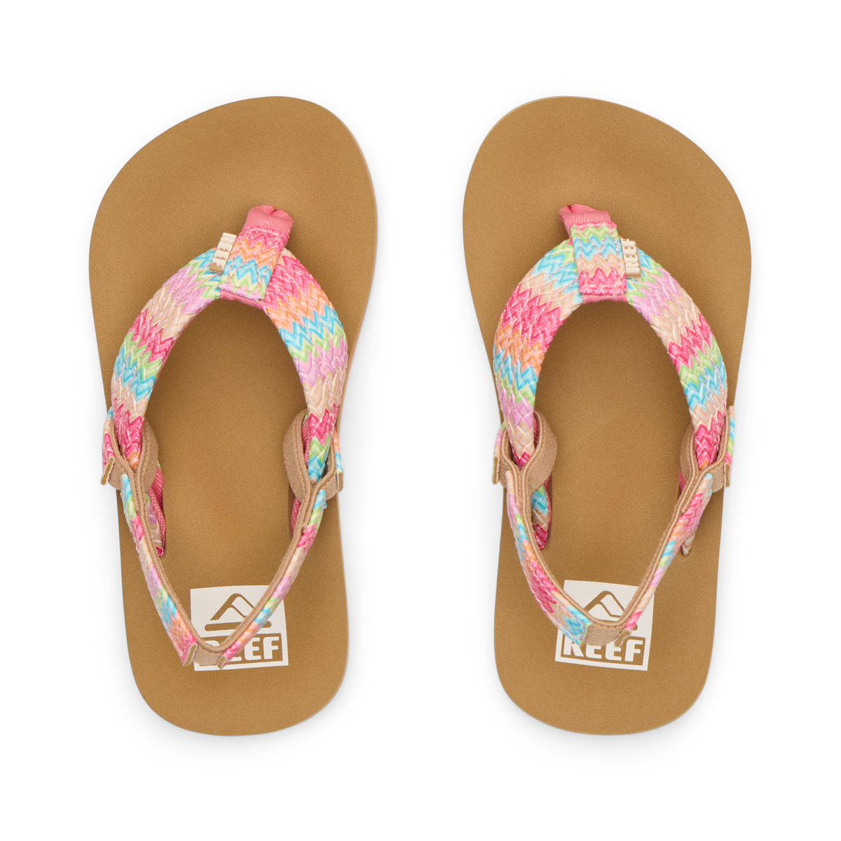 Little Ahi sandals top view facing upward, featuring pink multicolor straps and comfort-focused beach design for girls.