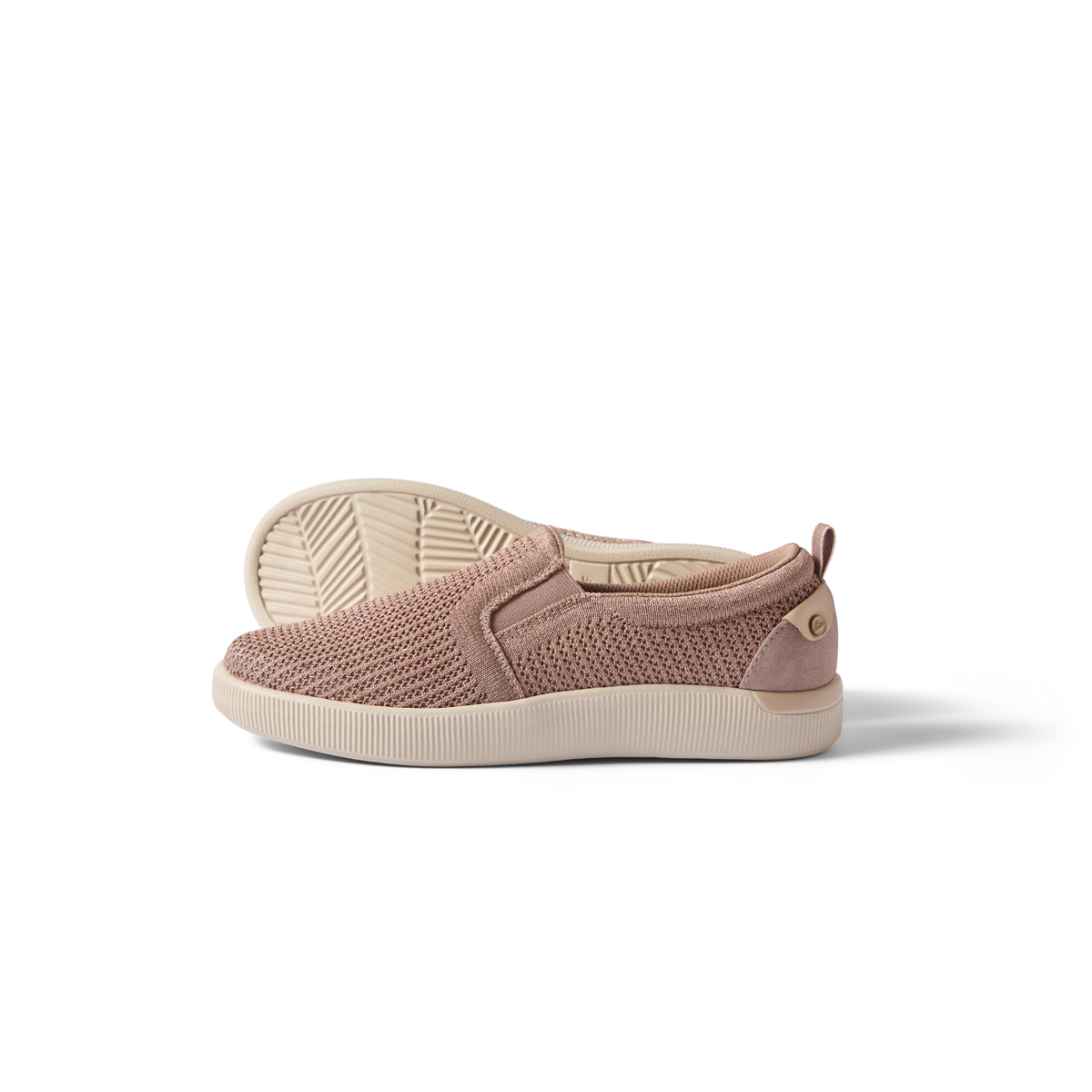 Neptune Elyse women's slip-on shoe facing right, showing side and sole with breathable knit upper in warm taupe.
