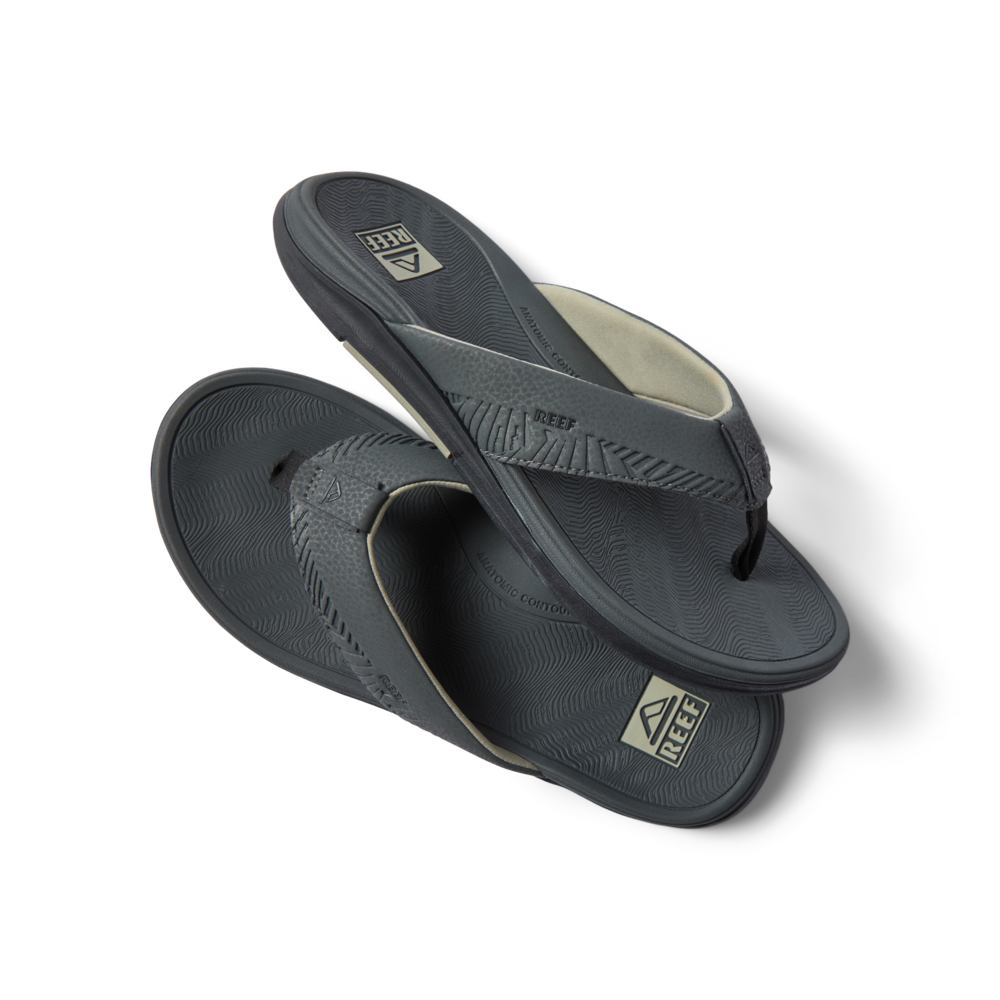 Pair of Offshore men's grey flip flops facing right showing top and side with extra cushioning and arch support