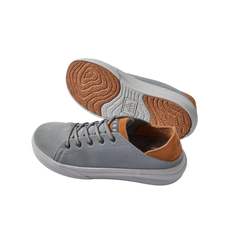 Atlantic men's grey and tan sneakers with lightweight breathable upper, showing outsole and side profile facing right.