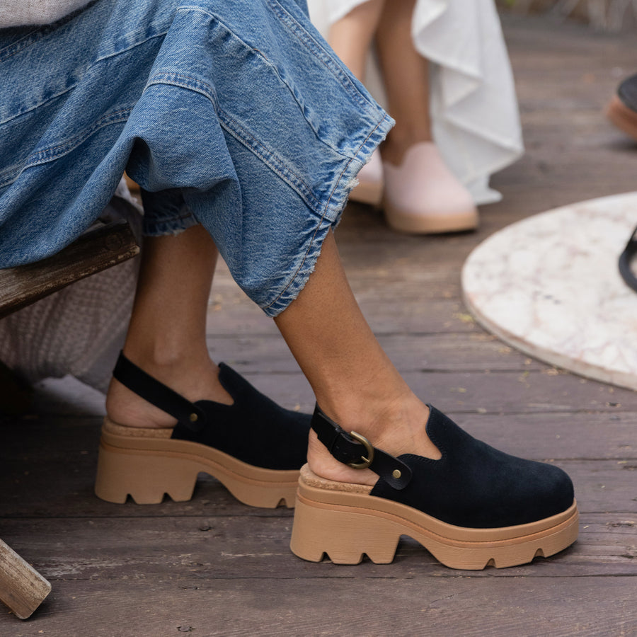 Vista Luxe Solene black slingback platform sandals facing right, close-up of outer side with cushioned sole and arch support.