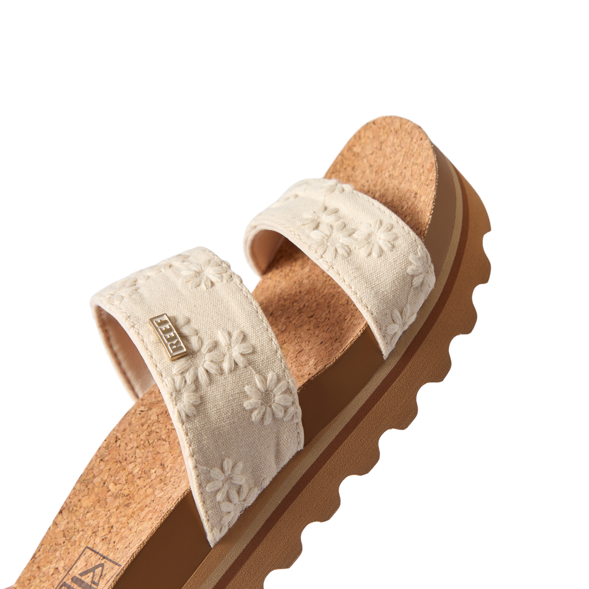 Cushion Vista Hi sandal facing left, showing cork footbed and floral embroidered straps, designed for comfort and durability.