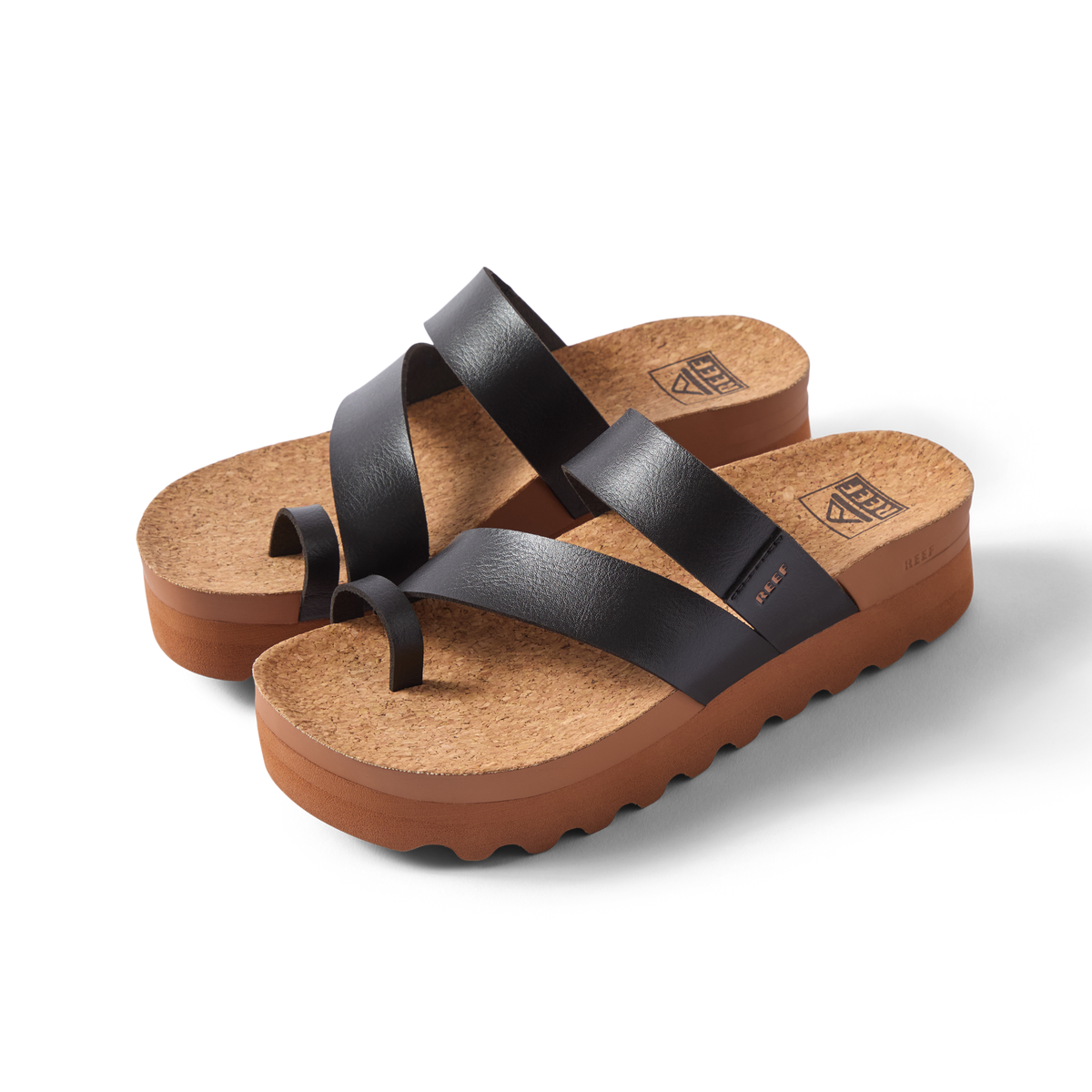 Vista Hi Layla women's sandals facing left, black straps with toe loop, cushioned cork footbed, platform sole, beach-inspired comfort.